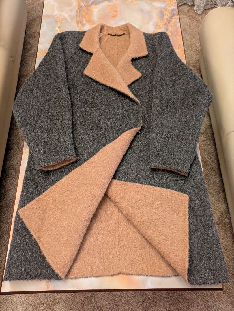 アンデスの至宝　極上アルパカ×キャメルダブルフェイスコート　グレー　百貨店購入