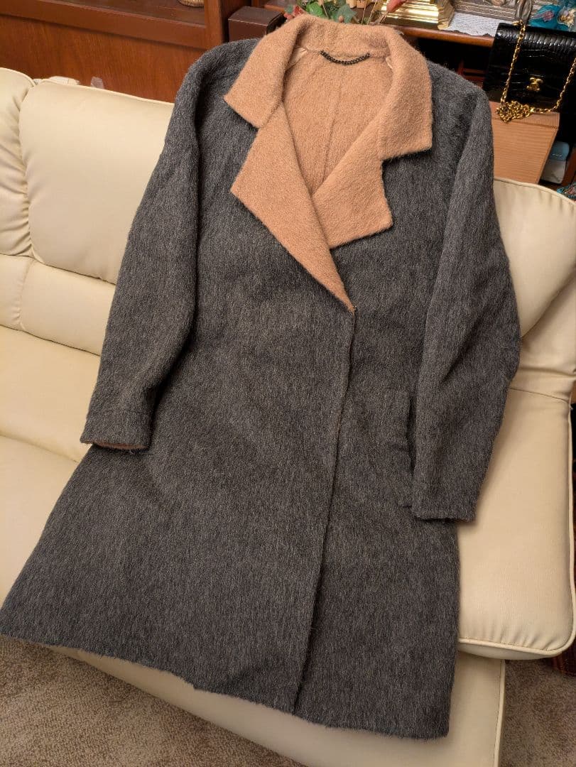 アンデスの至宝　極上アルパカ×キャメルダブルフェイスコート　グレー　百貨店購入