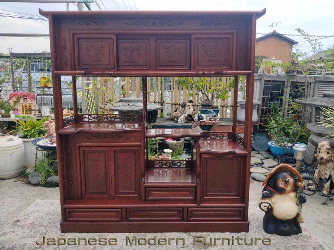 (送料設置込み)高級茶棚☆茶箪笥☆唐木飾り棚☆収納棚☆透かし彫り☆無垢