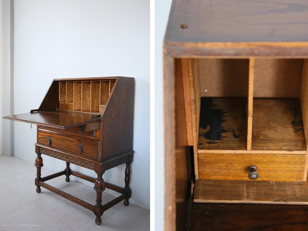 英国アンティーク木製ライティングビューロー/デスク/勉強机テーブル(90-138