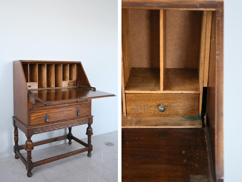 英国アンティーク木製ライティングビューロー/デスク/勉強机テーブル(90-138
