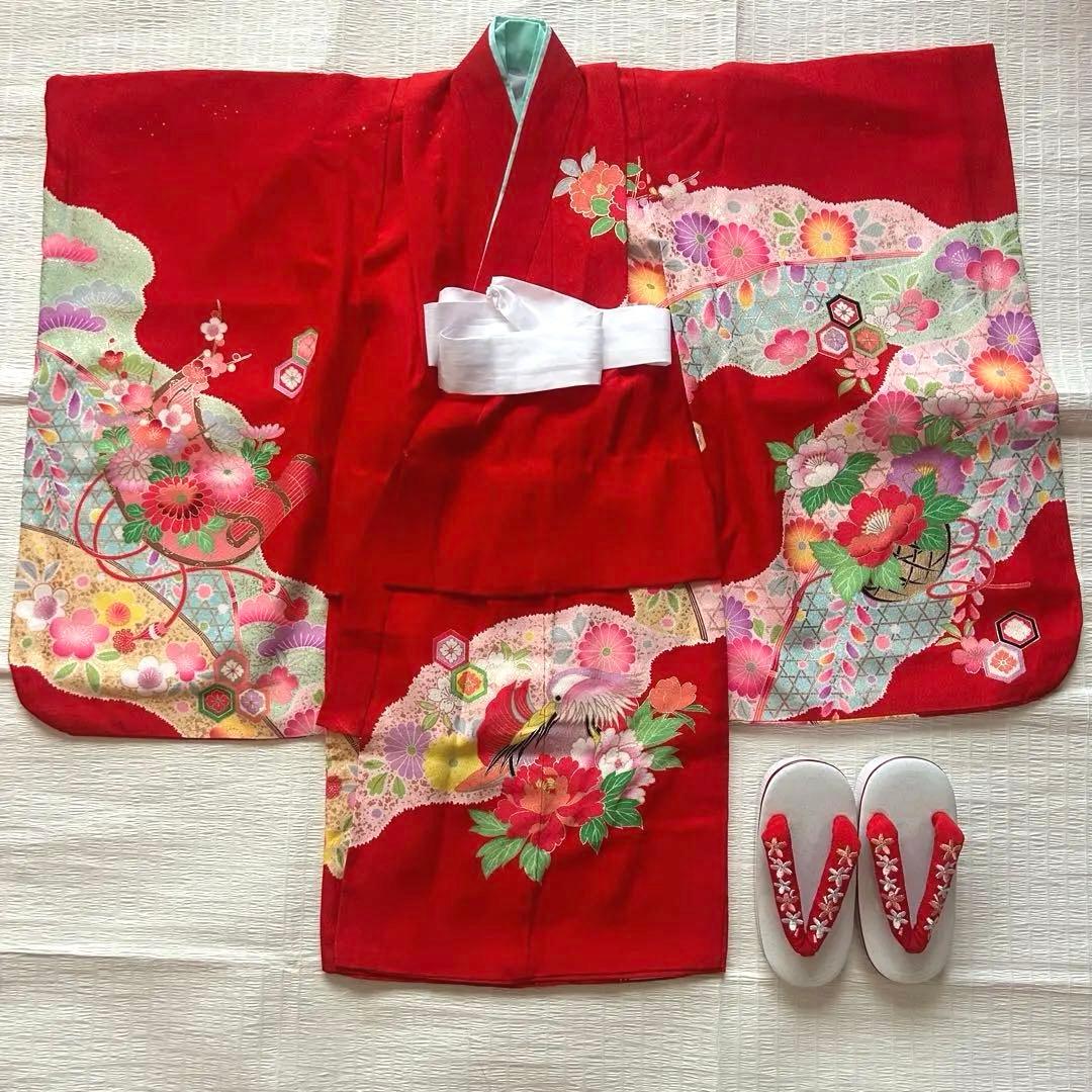 七五三 3歳 絞り 被布 着物 絹 三歳 赤 草履 753 女の子 子供着物 白