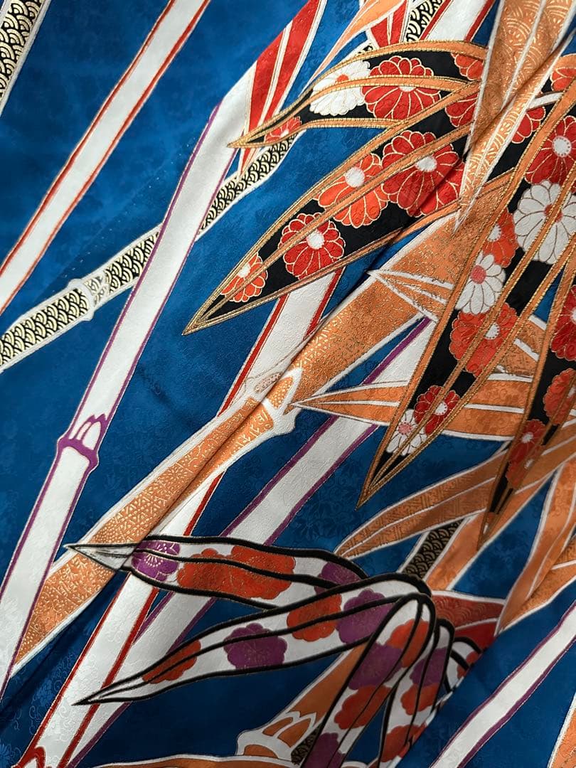 るう様専振袖フルセット ロイヤルブルー 竹笹模様 金駒刺繍