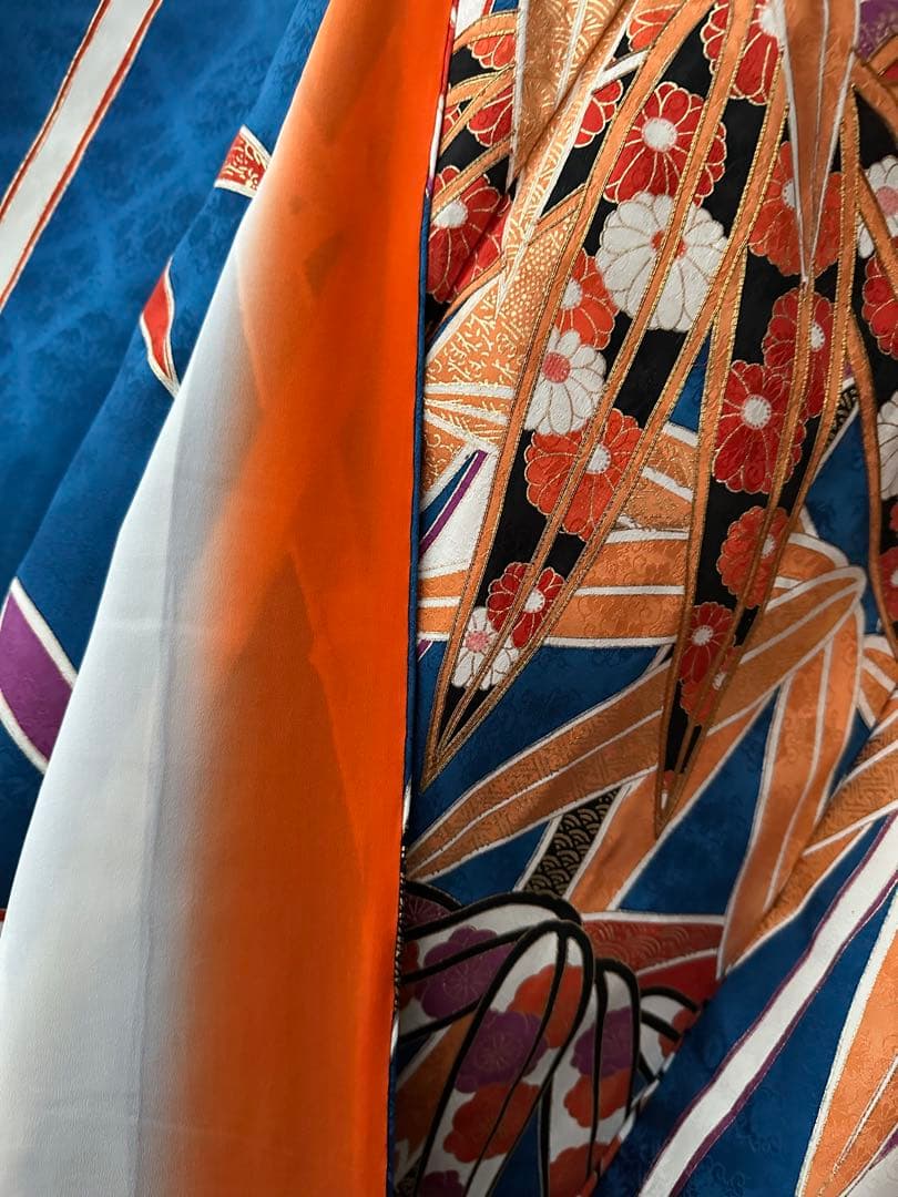 るう様専振袖フルセット ロイヤルブルー 竹笹模様 金駒刺繍