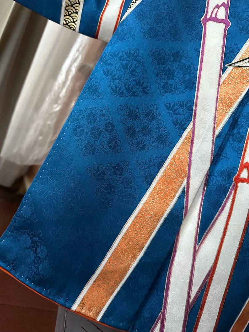 るう様専振袖フルセット ロイヤルブルー 竹笹模様 金駒刺繍