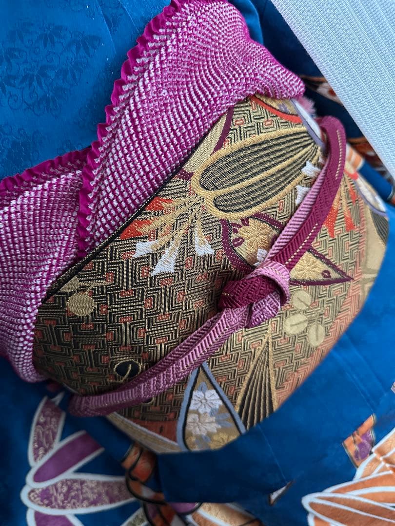 るう様専振袖フルセット ロイヤルブルー 竹笹模様 金駒刺繍