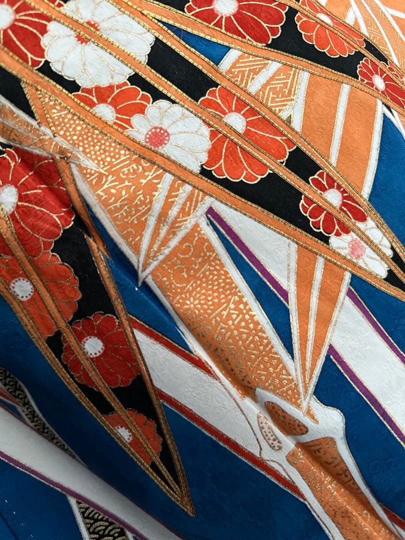 るう様専振袖フルセット ロイヤルブルー 竹笹模様 金駒刺繍
