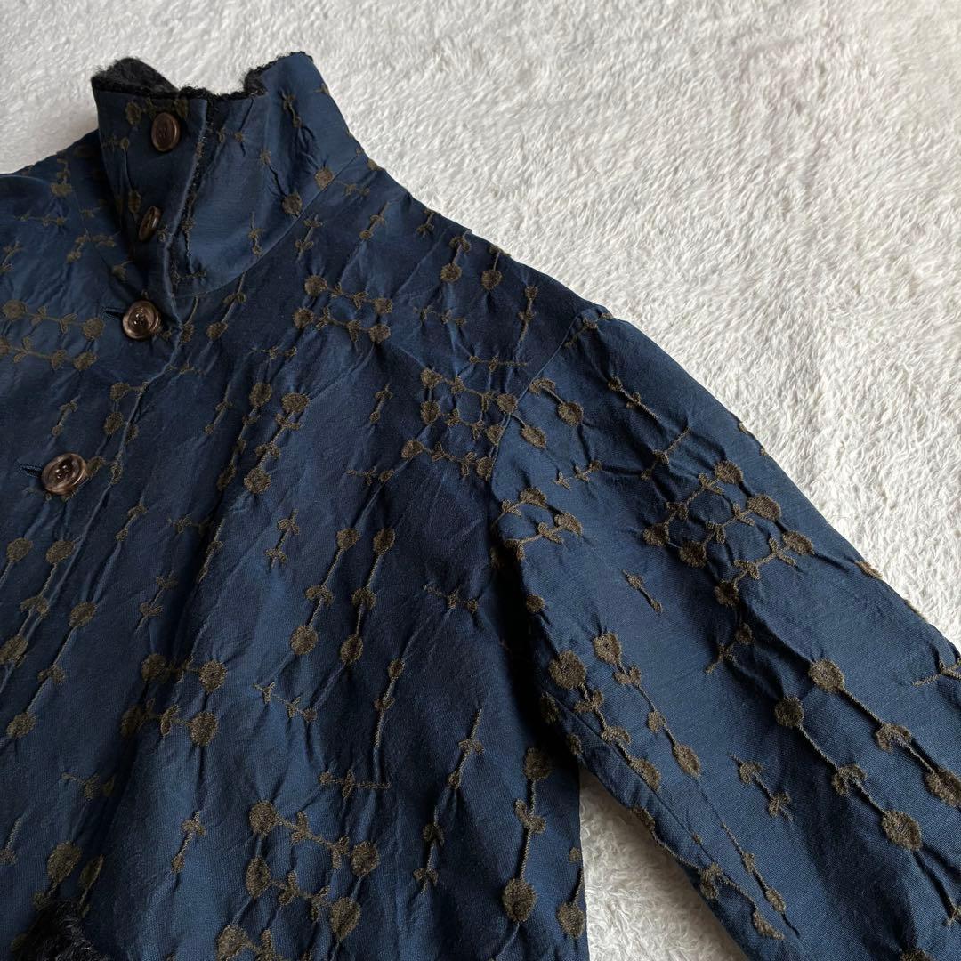 美品 エムアンドキョウコ 佐藤繊維 モヘヤニットジャガード切り替えコート 花柄