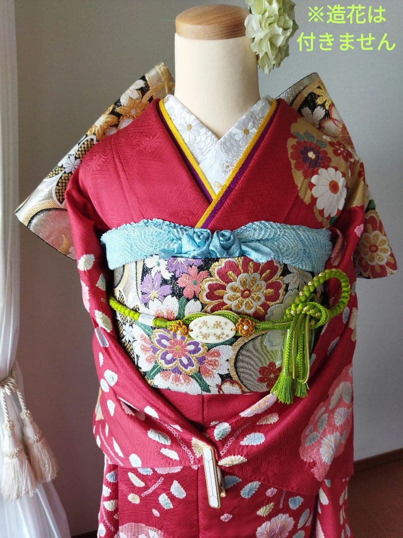 436.高級！！手仕事の花絞りと雪輪　振袖5点セット　正絹　フルセット　成人式