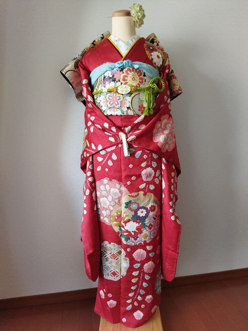 436.高級！！手仕事の花絞りと雪輪　振袖5点セット　正絹　フルセット　成人式