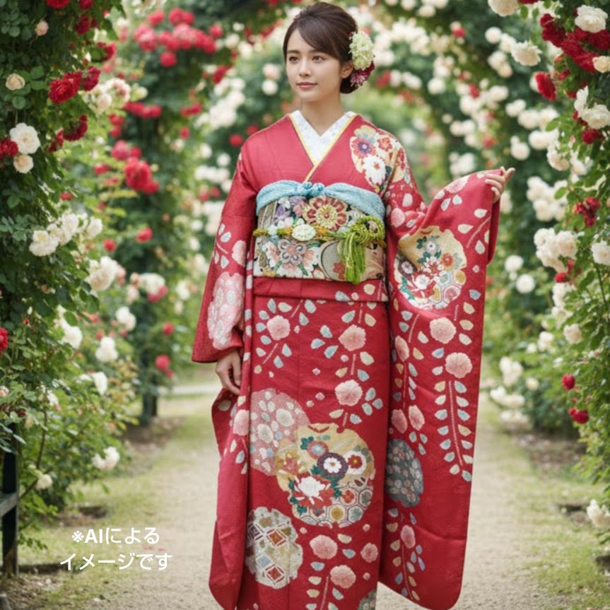 436.高級！！手仕事の花絞りと雪輪　振袖5点セット　正絹　フルセット　成人式