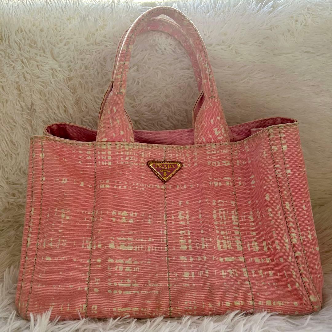 希少レア　PRADA カナパ　トートバッグ　プラダ　ピンクチェック　ゴールド金具