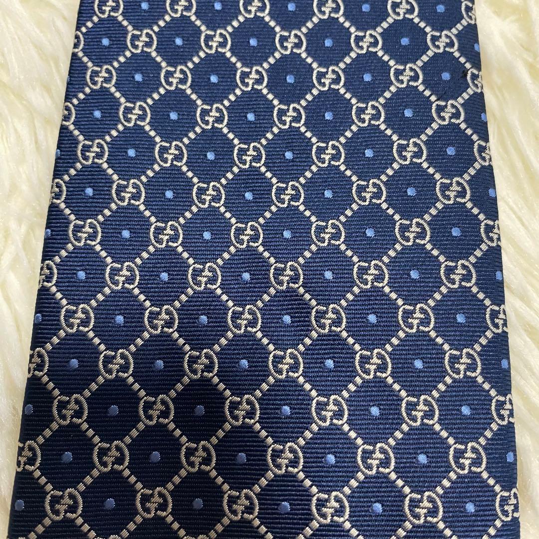 GUCCI グッチ 高級シルク ネクタイ GG柄 ネイビー 結婚式　成人式　ロゴ
