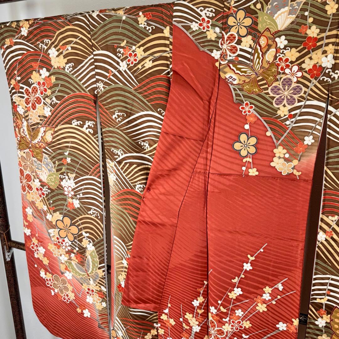 超美品　振袖　現代　振袖　成人式　着物　164裄66.5 茶色　ピンク　蝶々　梅