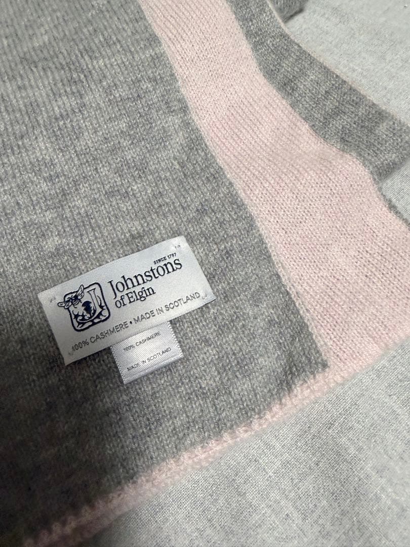 ジョンストンズ カシミヤ100％ ニットマフラー グレー ✖️ピンク