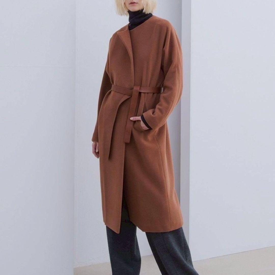 BEIGE, BLUNTS ノーカラーコート アンゴラ混 ベルト付き ブラウン