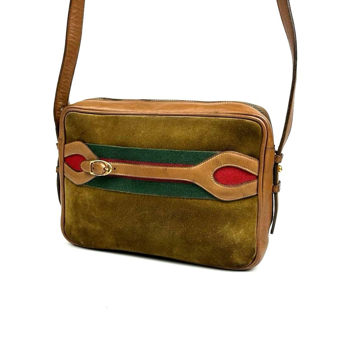 【美品】グッチ　ショルダーバッグ　シェリーライン　スエード　レザー　ブラウン