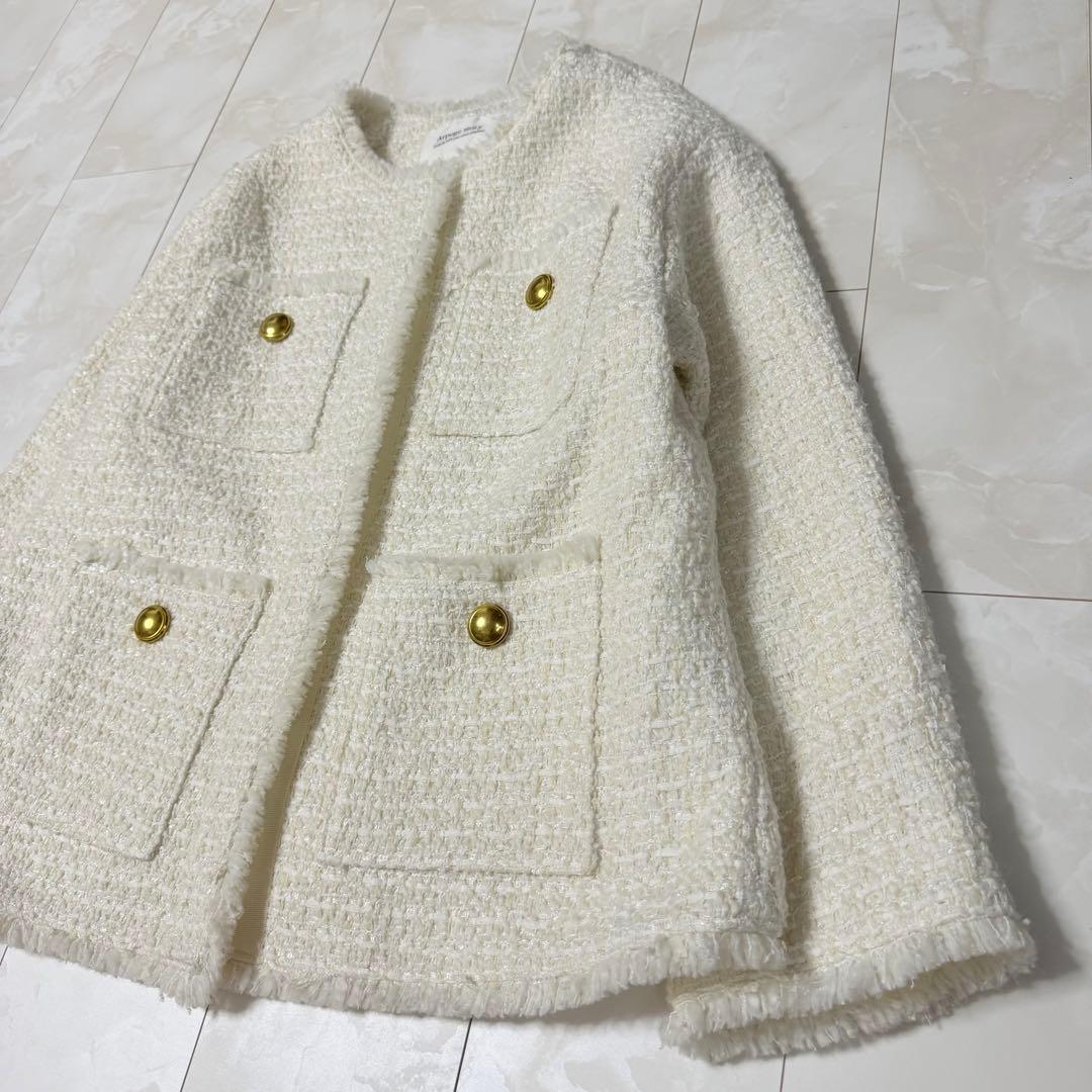 【Arpege story】ノーカラーツイードジャケット 白 M