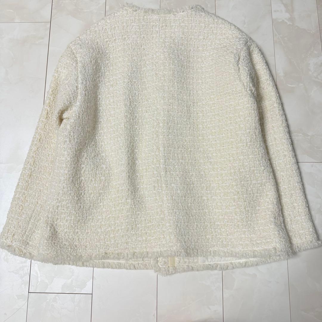 【Arpege story】ノーカラーツイードジャケット 白 M