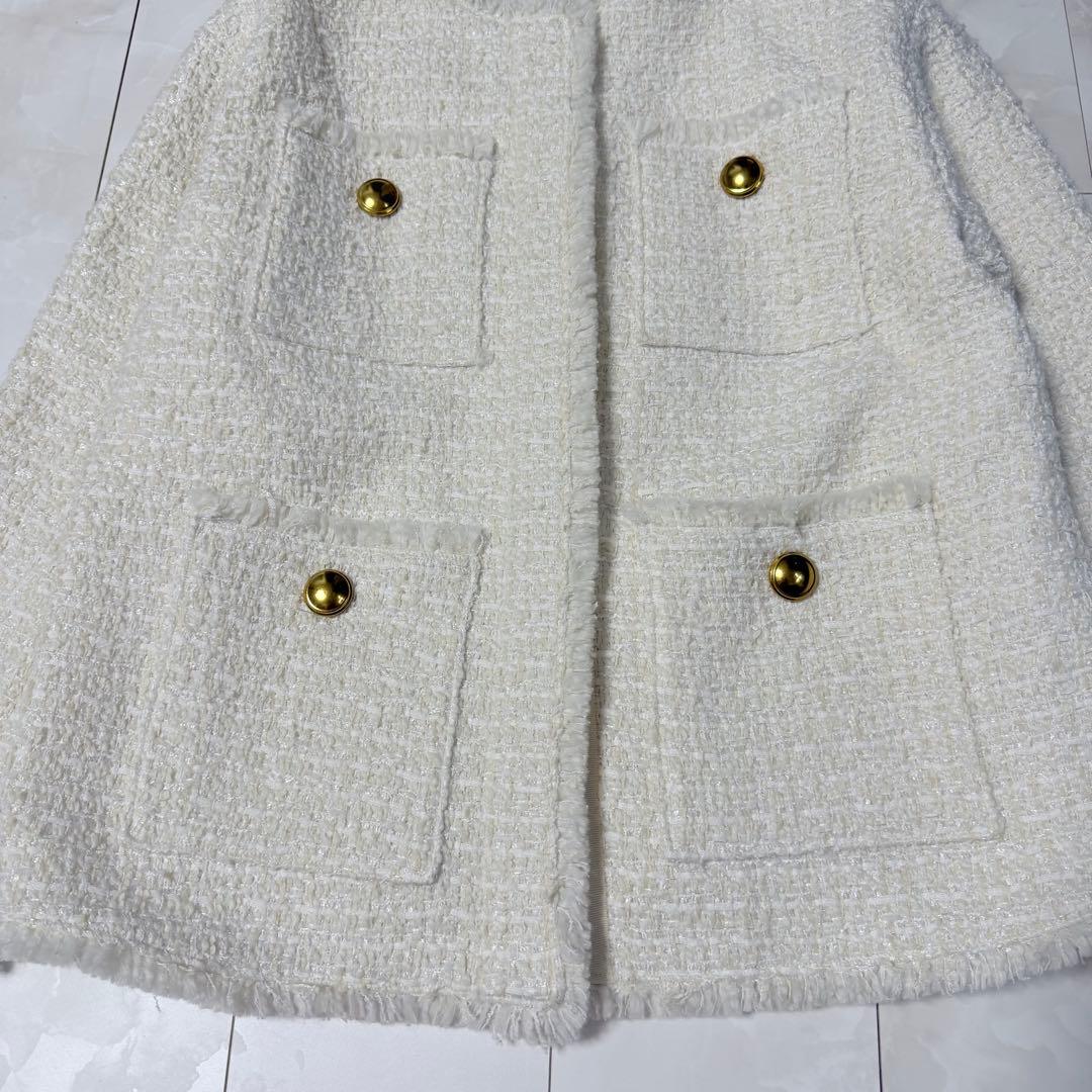 【Arpege story】ノーカラーツイードジャケット 白 M