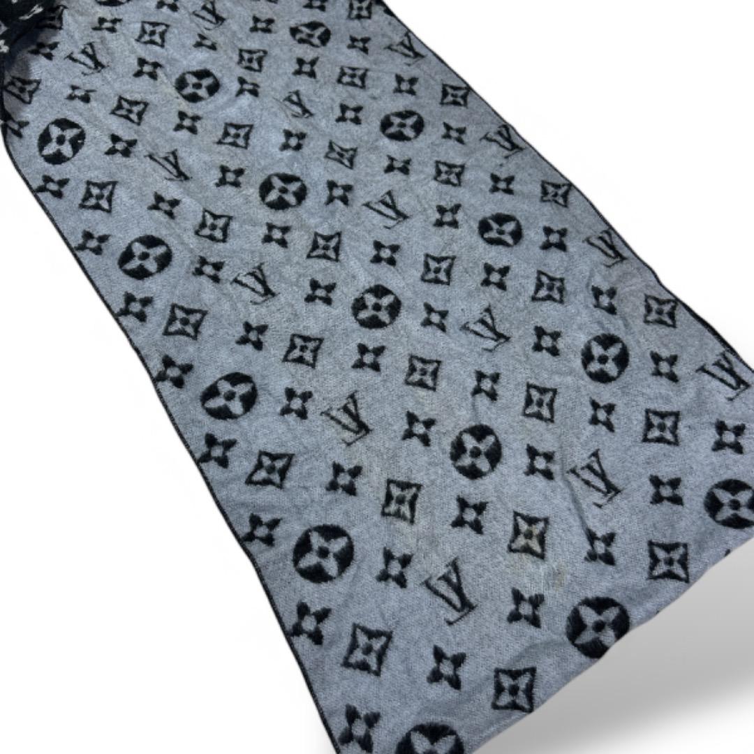 良品　ルイヴィトン　モノグラムマフラー　カシミヤ　　ブラック　グレー