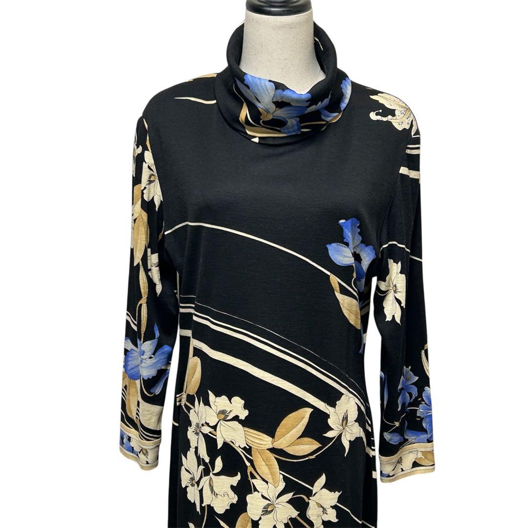 レオナール ウール100％ タートルネック ニット 花柄 ロングワンピース 黒