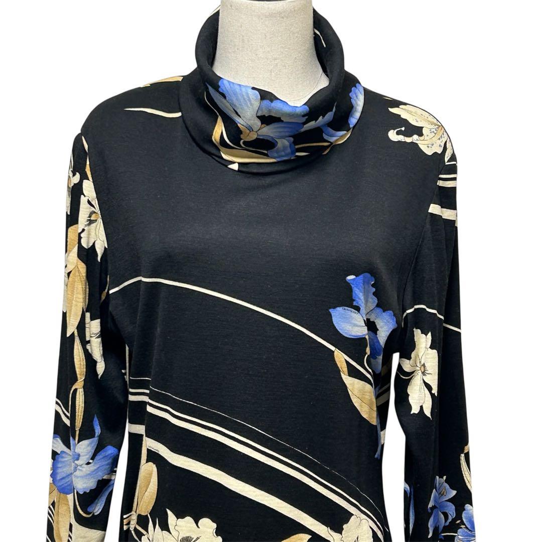 レオナール ウール100％ タートルネック ニット 花柄 ロングワンピース 黒