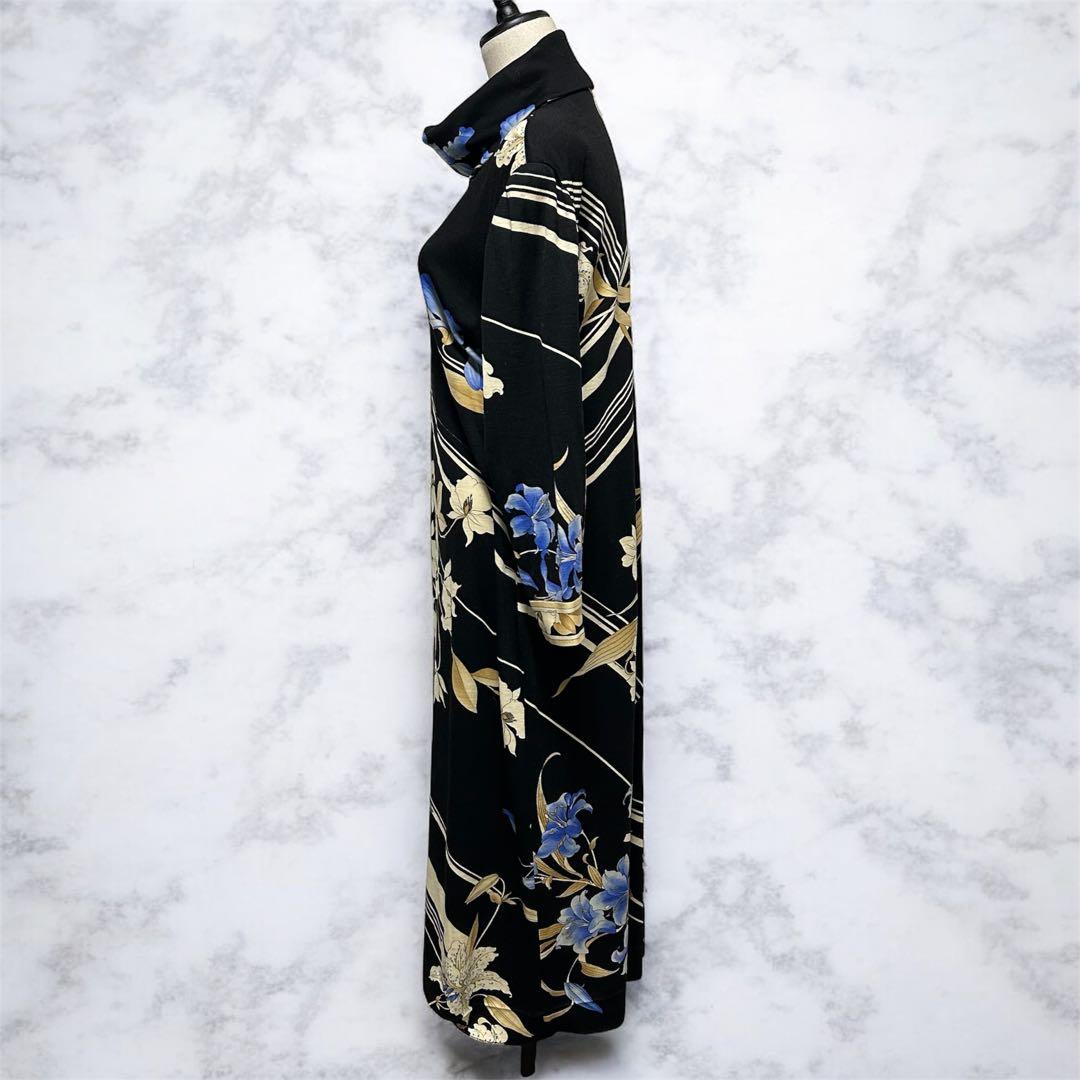 レオナール ウール100％ タートルネック ニット 花柄 ロングワンピース 黒