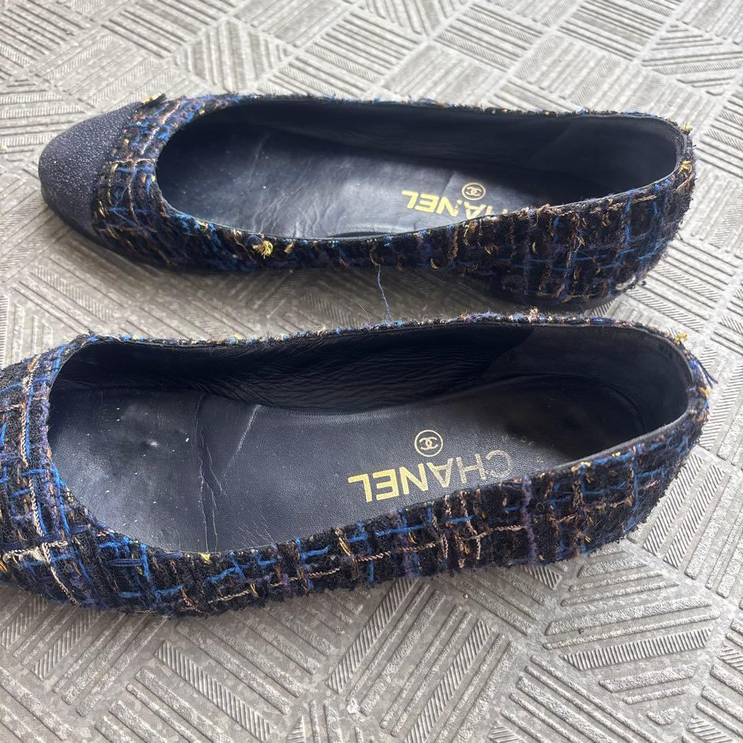 CHANEL ネイビー フラットシューズ　ツイード　使用感あり