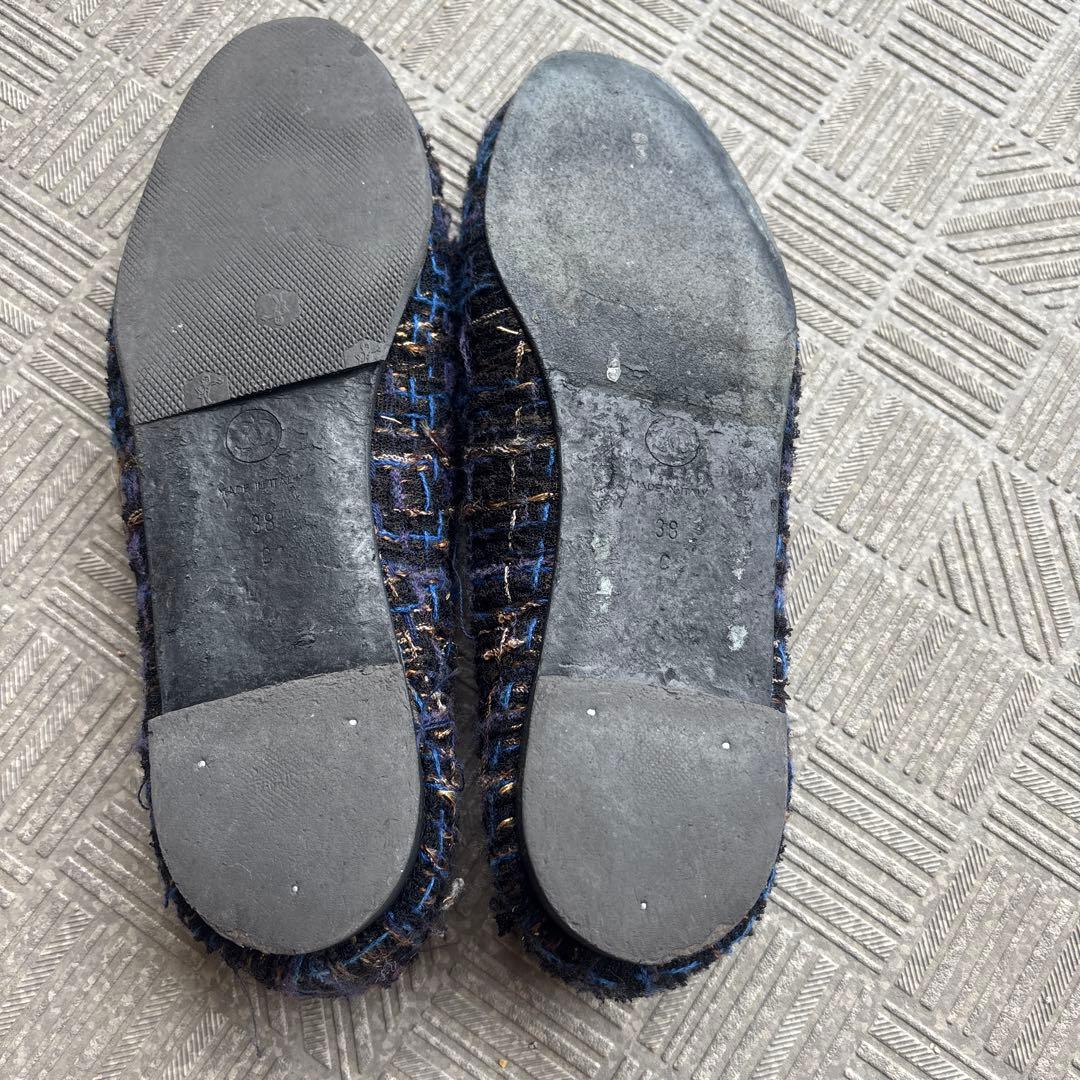 CHANEL ネイビー フラットシューズ　ツイード　使用感あり