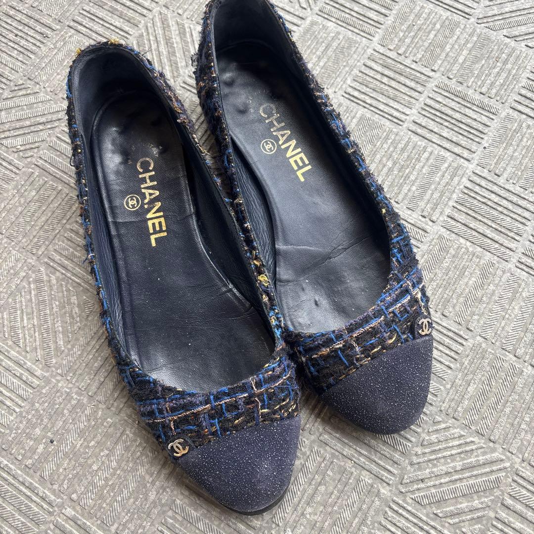 CHANEL ネイビー フラットシューズ　ツイード　使用感あり