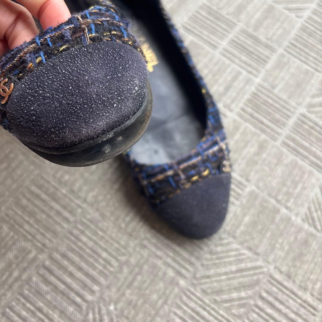 CHANEL ネイビー フラットシューズ　ツイード　使用感あり