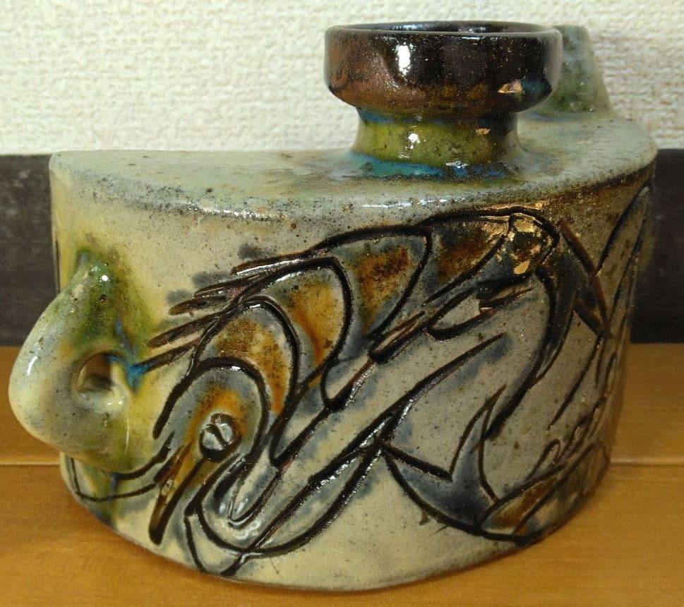 人間国宝 金城次郎 海老紋抱瓶 栞 共箱 美品 壺屋焼 壷屋焼 やちむん