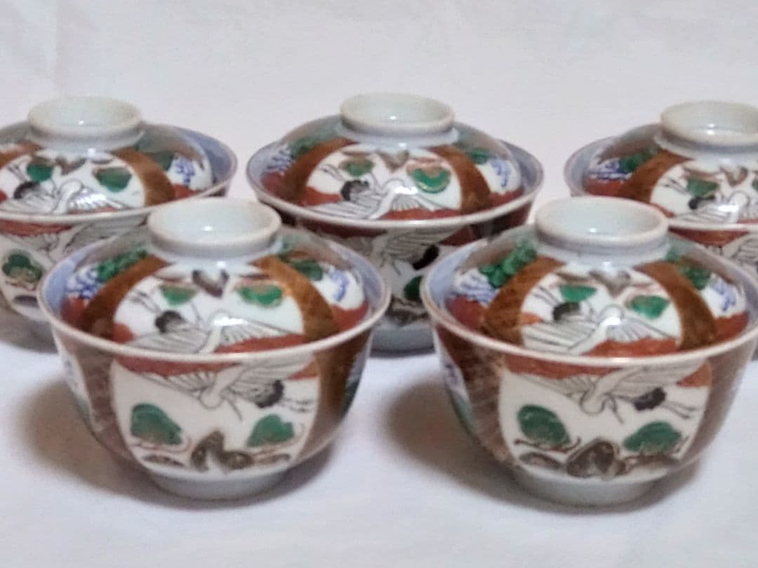 生活骨董　九谷焼　大聖寺焼　色絵鶴亀文蓋付き　染付飯碗セット