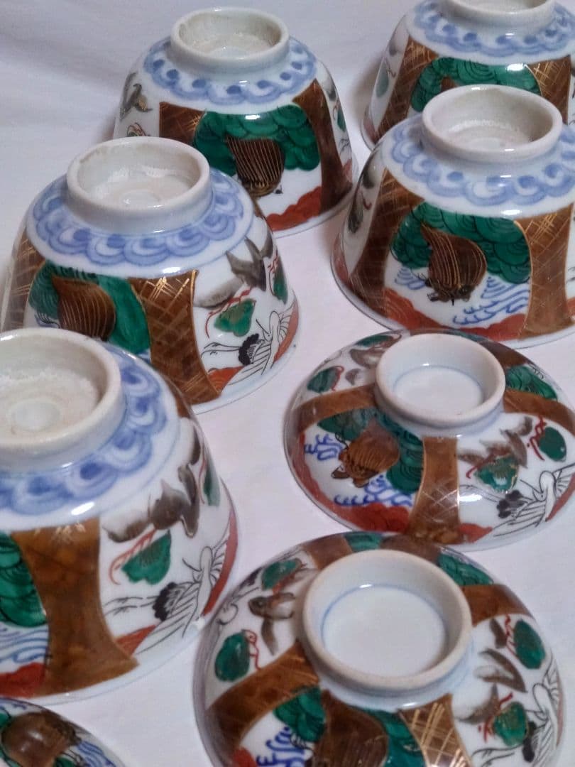 生活骨董　九谷焼　大聖寺焼　色絵鶴亀文蓋付き　染付飯碗セット