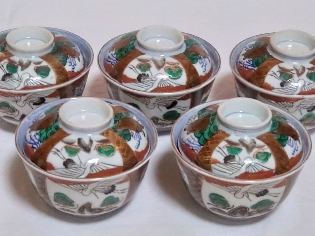 生活骨董　九谷焼　大聖寺焼　色絵鶴亀文蓋付き　染付飯碗セット