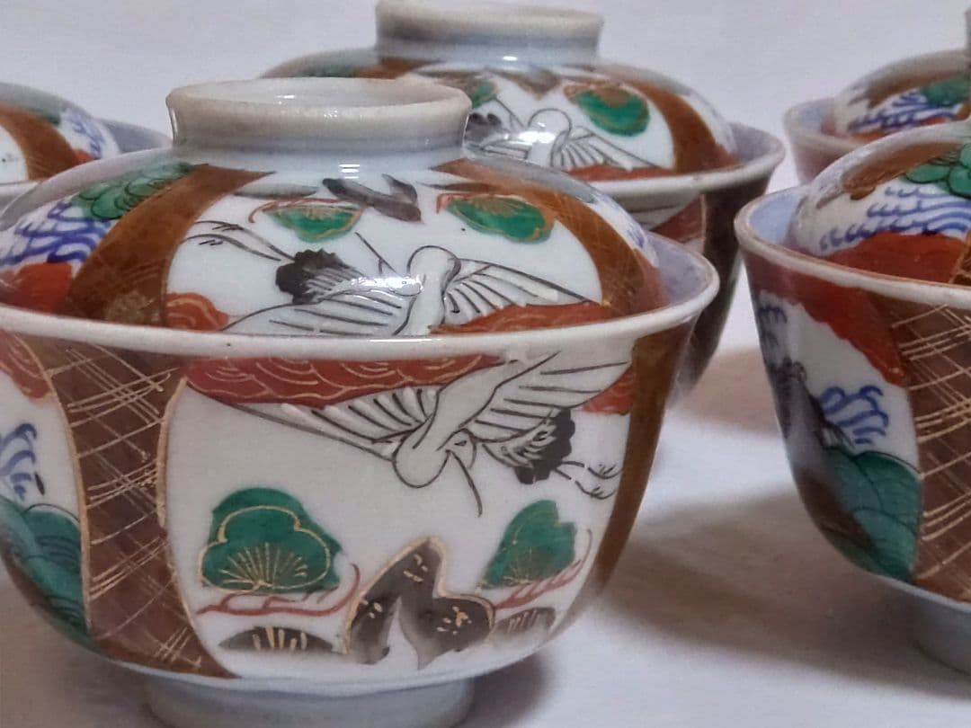 生活骨董　九谷焼　大聖寺焼　色絵鶴亀文蓋付き　染付飯碗セット