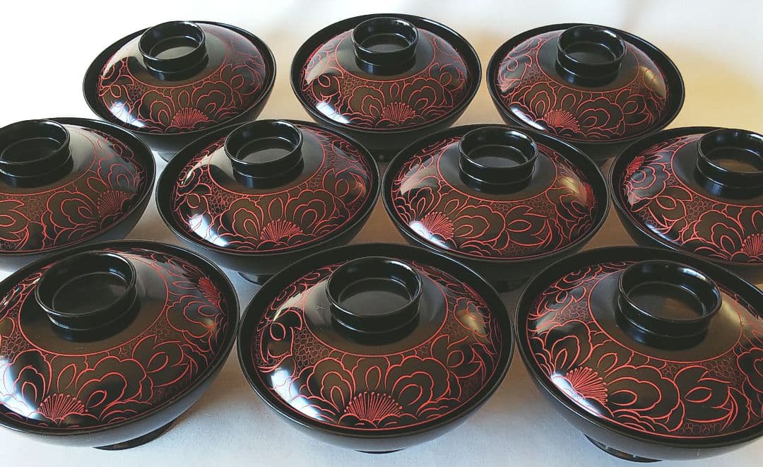 ★おまとめ歓迎★沈朱牡丹彫 ★越前塗★椀 10客★殆んど未使用