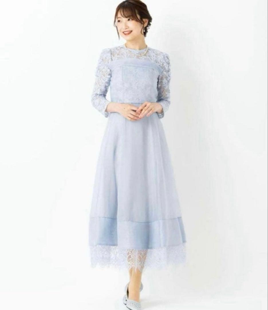新品✨SNIDEL　ボリュームフレアレースドッキングドレス　結婚式　ライトブルー