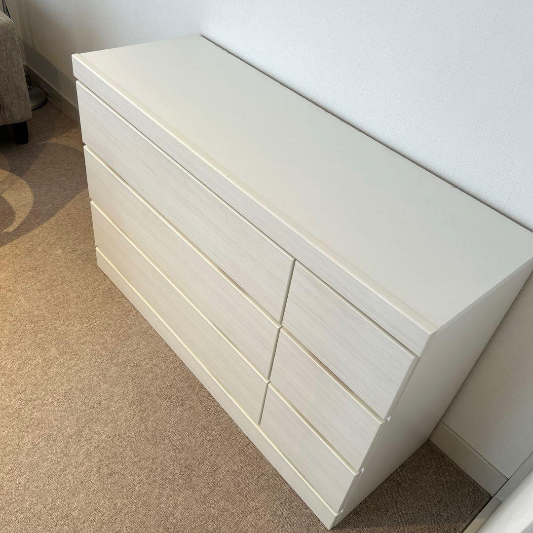 ホワイト 木製 ローチェスト 3段　6引き出し