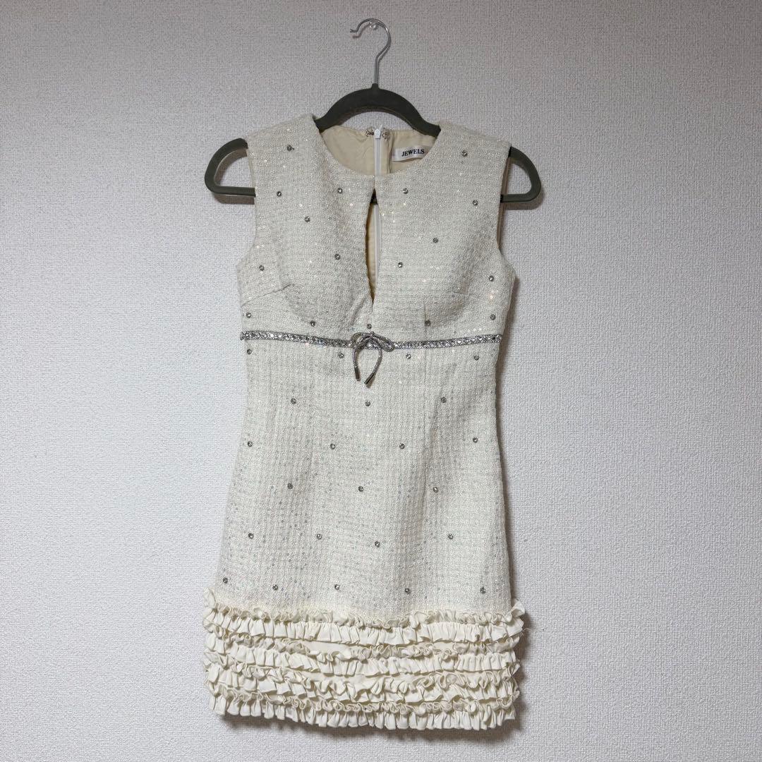 ジュエルズ　ホワイト フリル付きノースリーブドレス Sサイズ