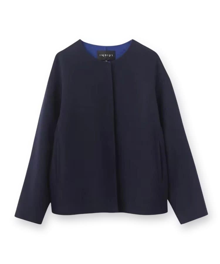 INDIVI　ウール混リバーショートコート　ネイビー×ブルー　36