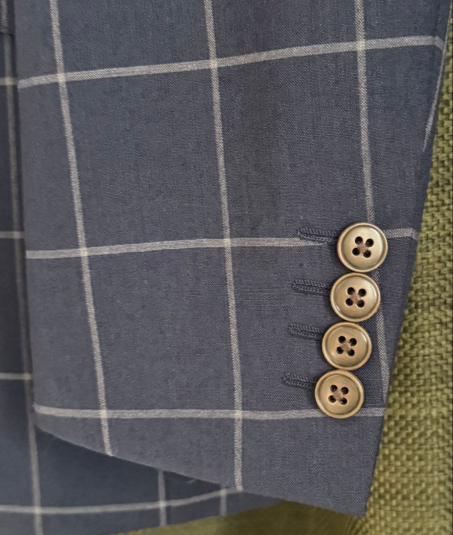 春夏秋生地、ネイビー、チェック柄、スリーピーススーツ