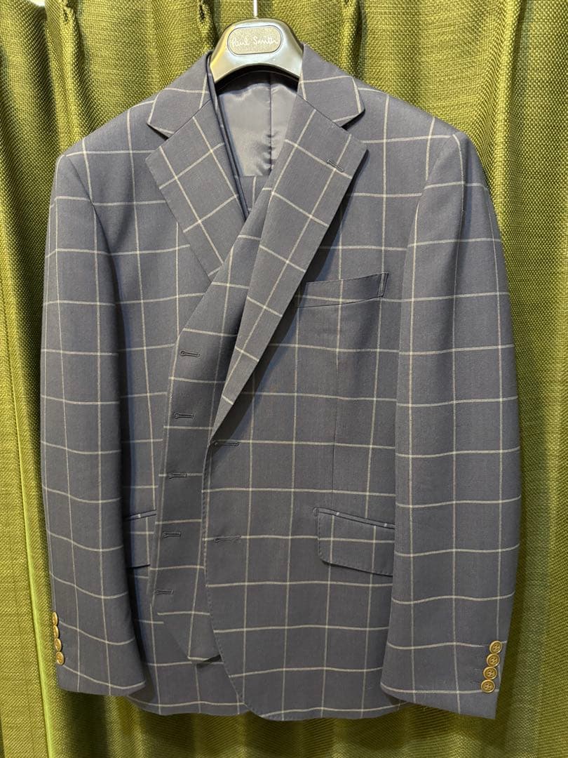 春夏秋生地、ネイビー、チェック柄、スリーピーススーツ