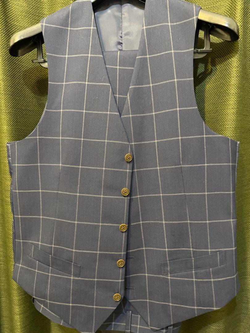 春夏秋生地、ネイビー、チェック柄、スリーピーススーツ