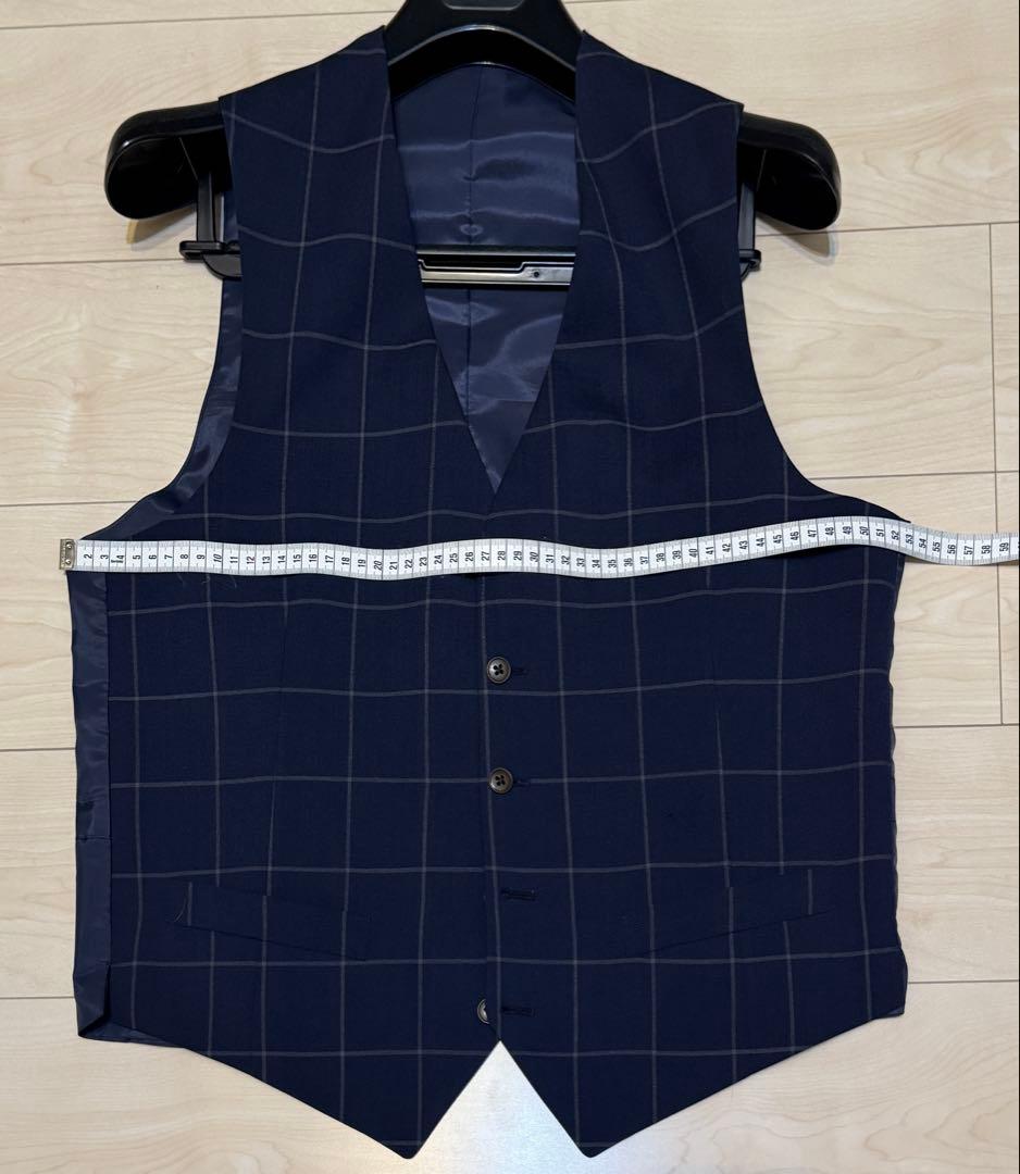 春夏秋生地、ネイビー、チェック柄、スリーピーススーツ