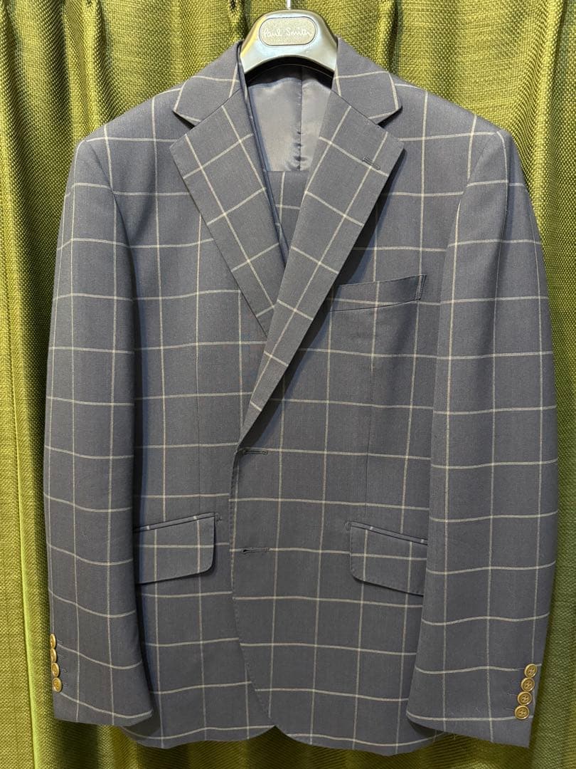 春夏秋生地、ネイビー、チェック柄、スリーピーススーツ