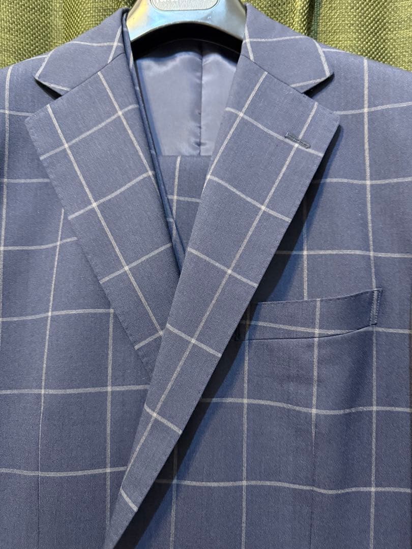 春夏秋生地、ネイビー、チェック柄、スリーピーススーツ