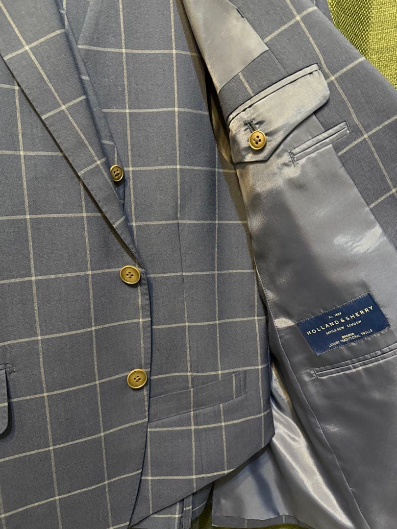 春夏秋生地、ネイビー、チェック柄、スリーピーススーツ