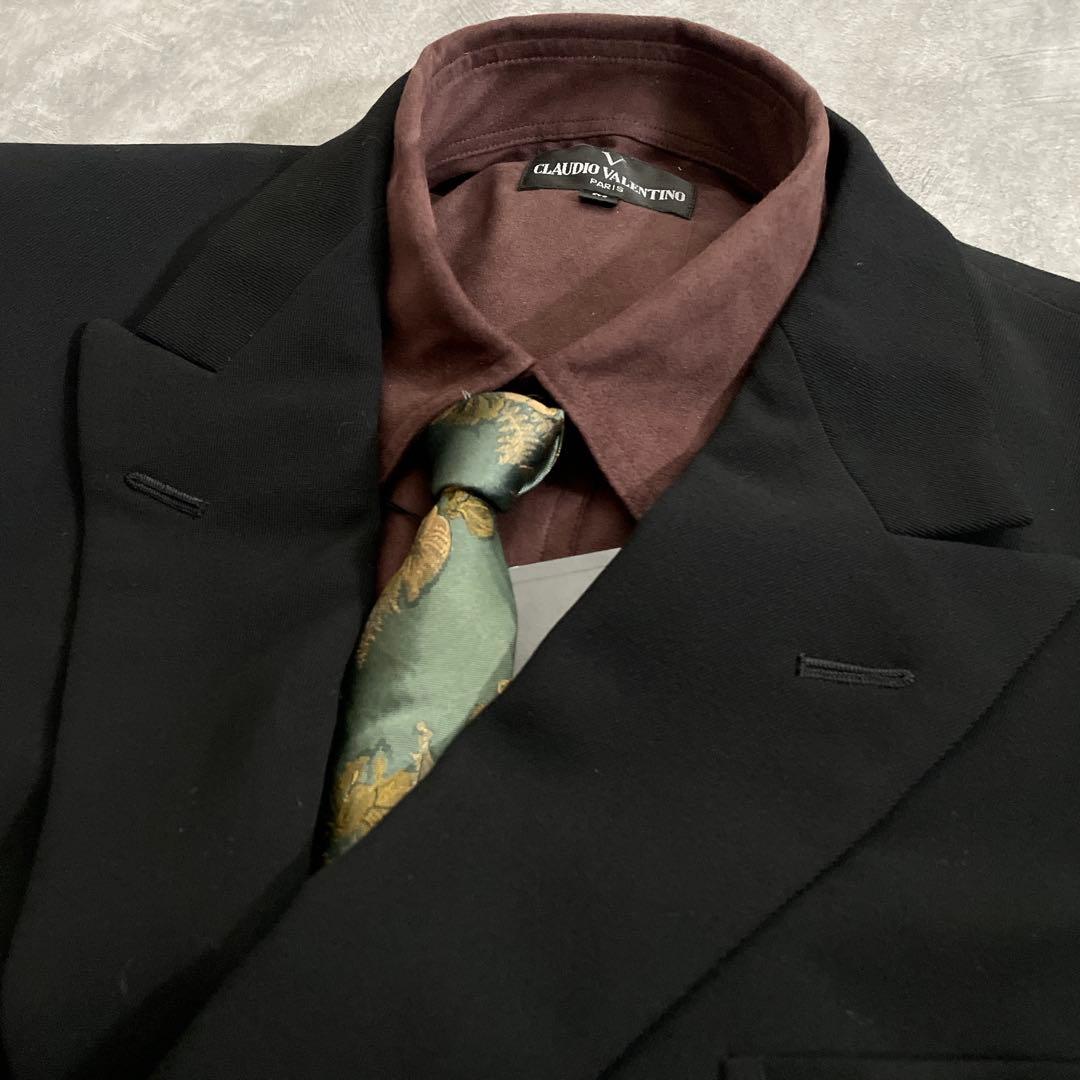 極上 白金ボタン 漆黒ダブルブレストスーツ Saint Laurentネクタイ